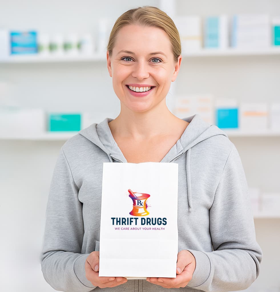 pharmacist greeting a patient inside Thrift Drugs